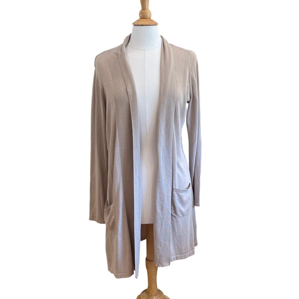 August Silk Tan Cotton Blend Long Open Cardigan, Minimalist. Lightweight, L